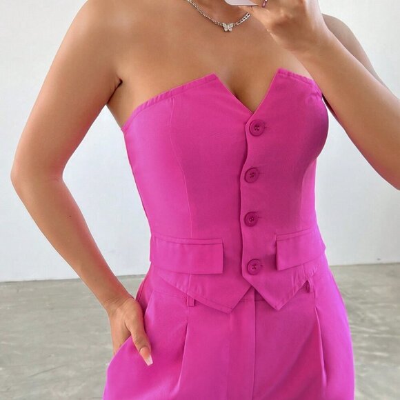Hot Pink Casual Women's Strapless Button Up Top And Pants Set - Picture 2 of 6